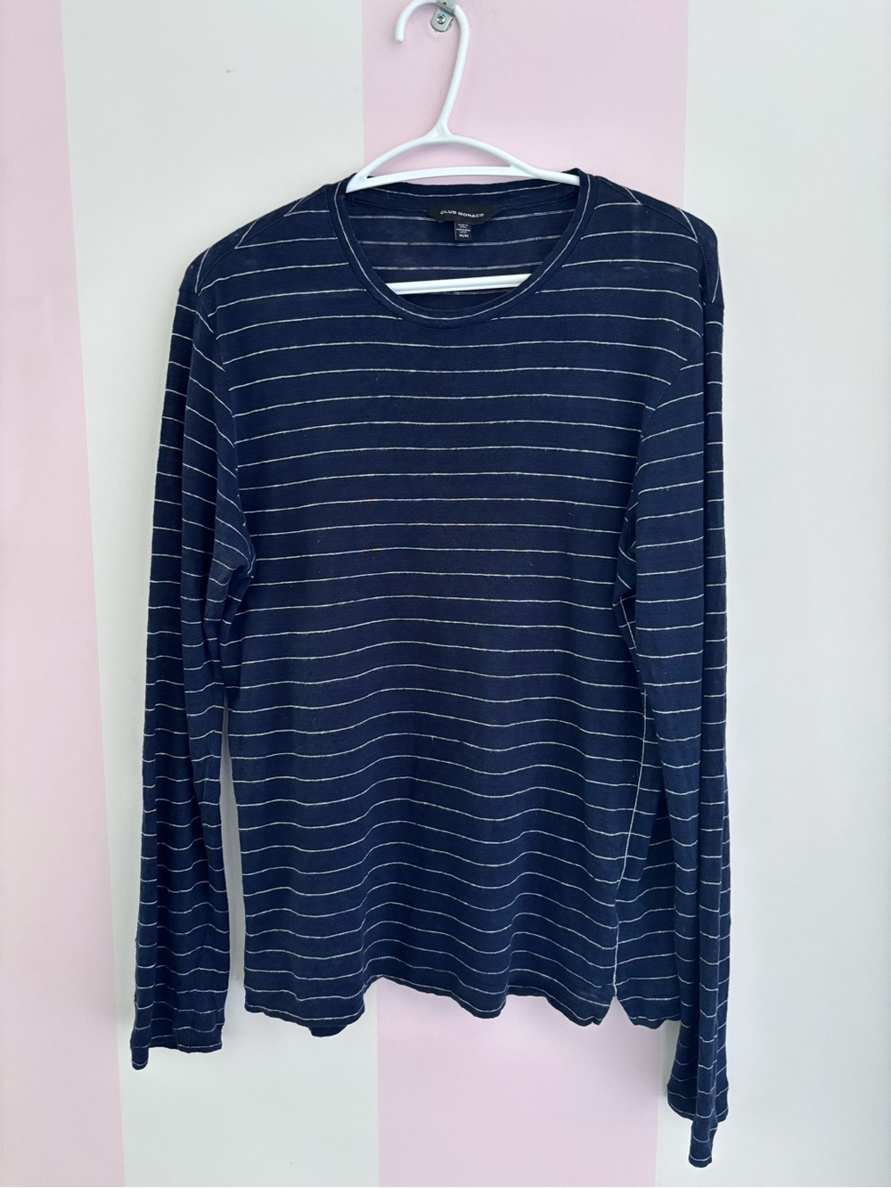 Club Monaco Navy and White Striped Long-Sleeve Tee